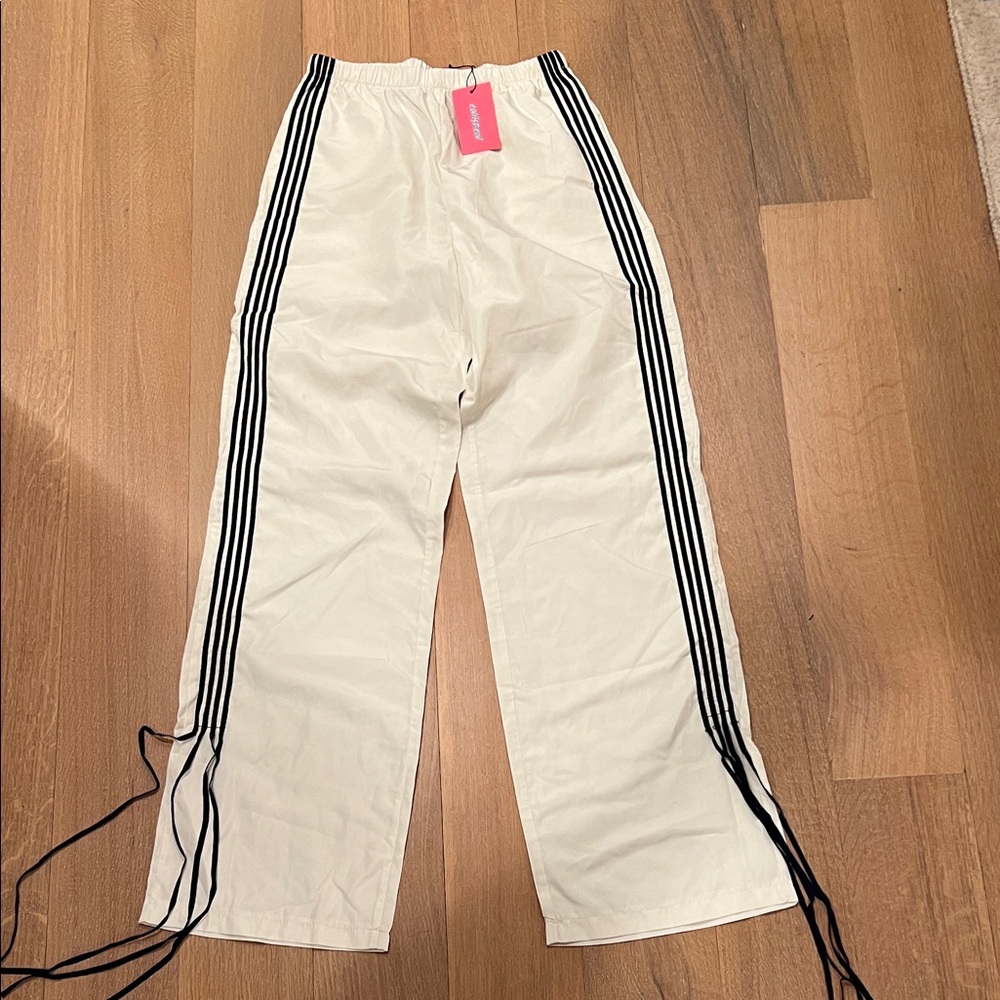 Edikted White Track Pants with Black Triple Side Stripes
